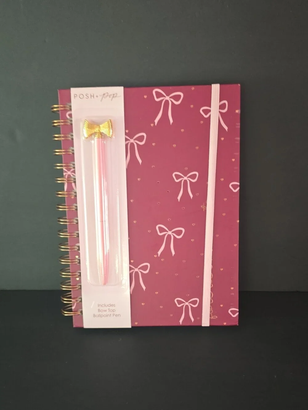 Pink Bow Spiral Notebook with Gold Bow Pen